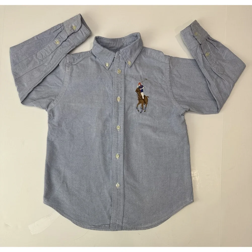 Ralph Lauren Polo Big Pony Oxford Shirt Blue Equestrian Y2K Button Down Kids 5